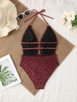 Vintage Wine Leopard Print Swimwear Women 2026 Deep V Neck Back Cross Tummy Control One Piece Swimsuit Holiday Bathing Suit