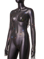 Women Rhinestone Fishnet T-shirt Solid Color Long Sleeve Crop Tops See Through Hollow Out Sexy Shirts Female Smock Tops