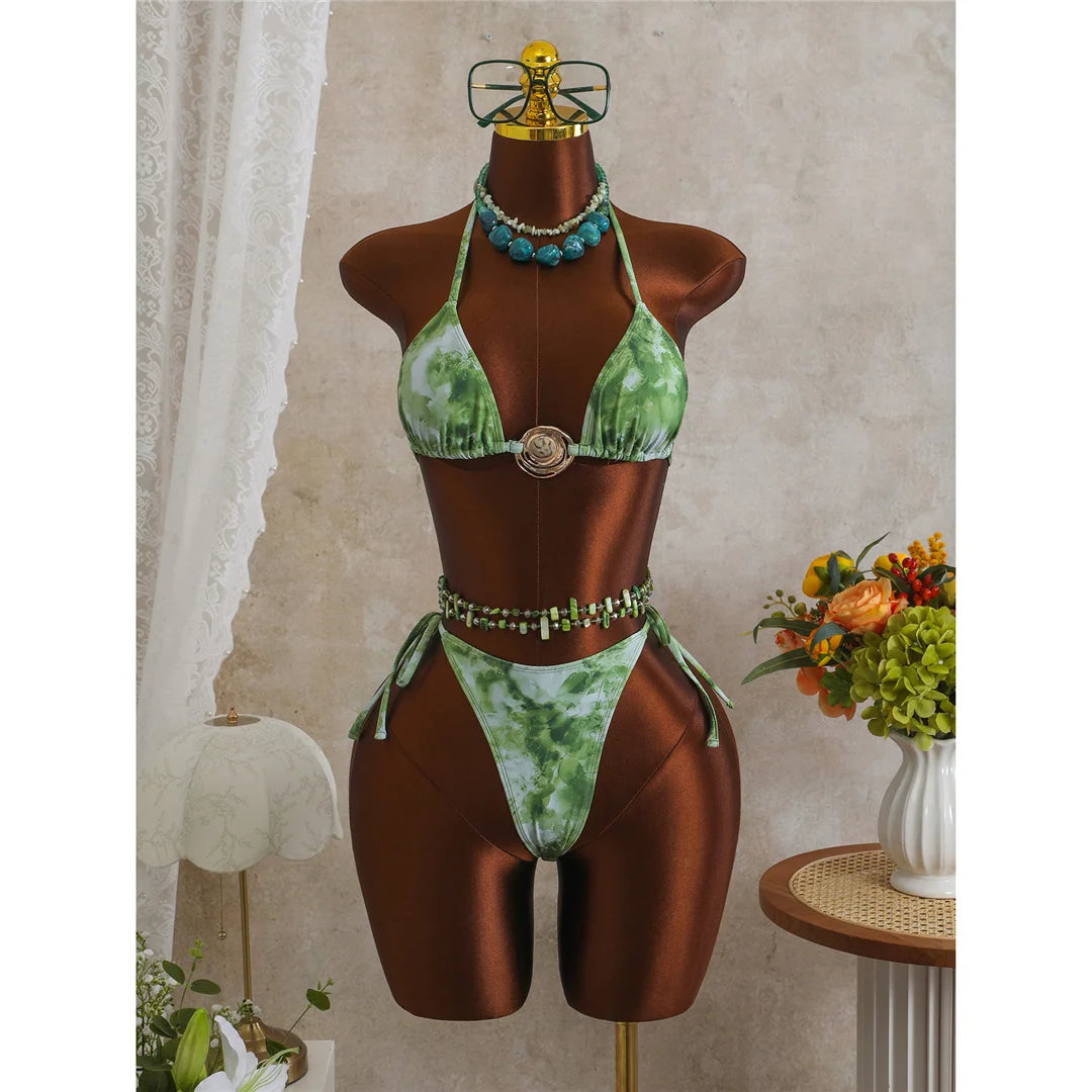 3PCS New With Skirt Tie Dye Halter Bikini Women Swimwear Female Swimsuit Bather Bathing Suit Swim Three-pieces Bikini set K8069