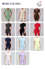 Summer Zipper Workout Jumpsuit Sports Overalls Women Running Fitness Short Sleeve Yoga Bodysuit