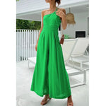 Foridol Waist Folds Backless Double Strap Casual Wide Leg Jumpsuit Long Pants Green 2025 New Female LooseJumpsuit