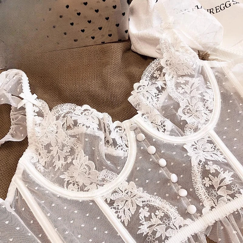 Women's French Lace Lingerie Set Sexy Ultra Thin See Through Bra & Thong Shaping Camisole Embroidery Underwear Set Hot Tushy P P