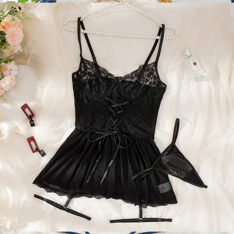 Sexy WhiteTulle Nightdress Woman Lingerie & ThongV-neck Open Sleep Skirt Erotic Pajamas Garter Dress Set See Through Nightwear