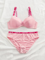 Simple Pink Women Bra Set Letter Strap Underwire Push Up Brassiere Sweet Bow Daily Wear Underwear Set