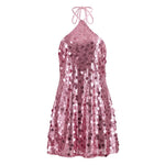 Women Summer Mini Dress Sparkly Sequin Sleeveless Halter Backless Slip Dress for Evening Party Date Night Streetwear