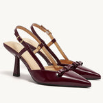 2025 Women's Size 41 Elegant Burgundy Pointy Toe Slingback Pumps Summer Bowknot High Kitten Heels Black Office Lady Shoes