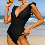 Women One-piece Monokini Ruffle Edge Deep V Neck Sleeveless Elastic Quick Dry Tight Waist Detachable Pads Surfing Swimsuit