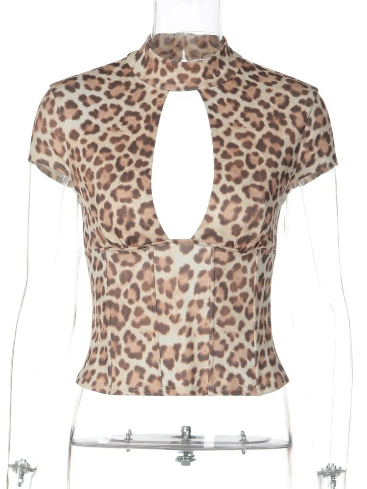 FDYOUI 2026 Summer Hollow Out Backless T-shirts Women's Sexy Short Sleeve Leopard Print Tee Shirt Lady Slim Crop Tops Streetwear