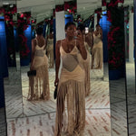 Tassel Hem Splicing Sling Dress Women Sexy Waist Hollow Out Stretch Pleated Bodycon Dresses Female Solid Summer Beach Party Robe