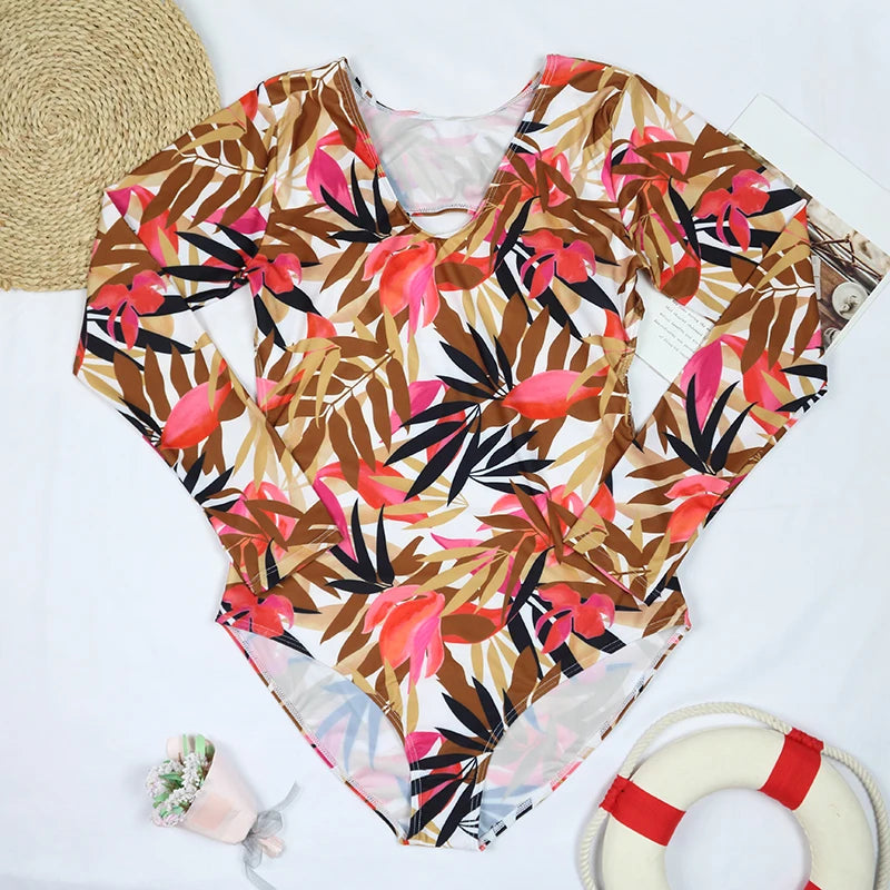 Long Sleeve Swimwear 2024 Surfing Bathing Suit Women Backless Print One Piece Swimsuit Retro Rashguard Monikini Bodysuit