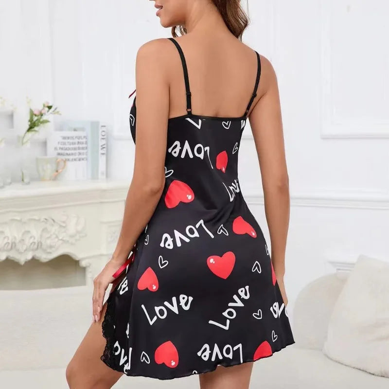 Lace Trim Leopard Nightdress V Neck Backless Side Split Slip Sleep Dress Women's SleepwearDresses