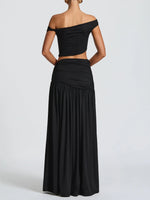 Summer Skirt Set Women Metal Flower Sexy Off Shoulder Slim Crop Top High Slit Skirt Sets Fashion Backless Pleated 2 Piece Suits