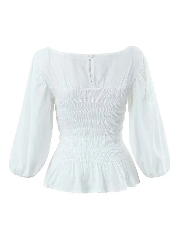 Foridol White Summer Linen Women Blouse Off Shoulder Lantern Sleeve Short Blouse Top 2025 Spring Smocked Pelpum Top New
