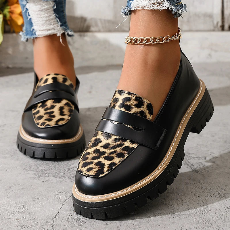 Fashion Leopard Print Platform Loafers Women Plus Size 43 Slip On Pu Leather Shoes Woman Comfort Thick Bottom Office Work Shoes
