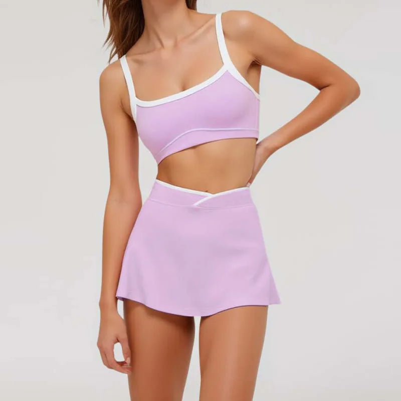 2 Pieces Women's Nude Yoga Set Bra Skirt Tracksuit Running Fitness Sports Set Slim Fit High Waist Beautiful Back Suit
