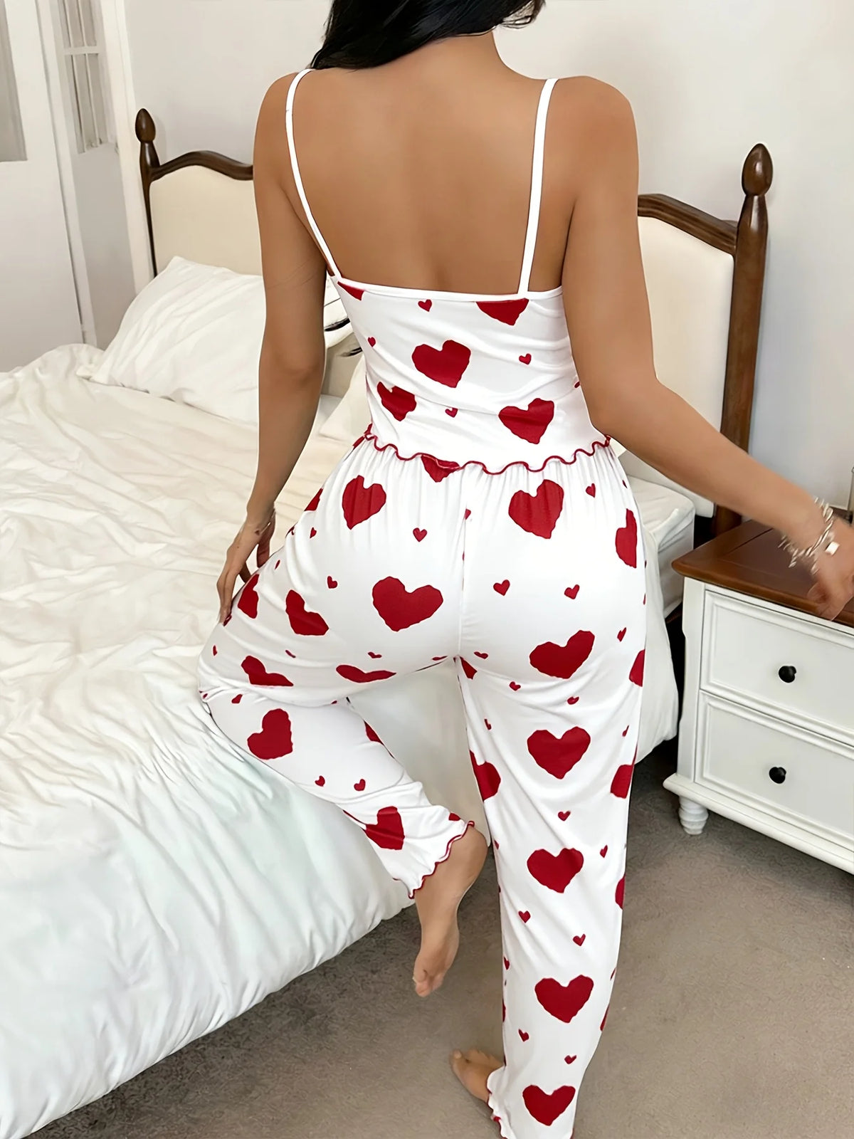 Women's Summer Sleepwear Casual Heart Pattern Red Ruffle Camisole + Red Heart Print Long Pants Pajamas Set