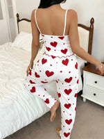 Women's Summer Sleepwear Casual Heart Pattern Red Ruffle Camisole + Red Heart Print Long Pants Pajamas Set