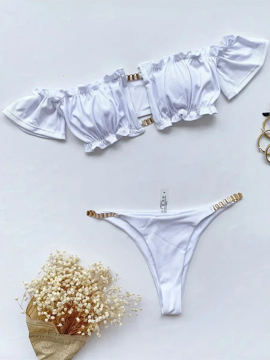 Sexy Ruffled Frill Off Shoulder Bikini Women Swimwear Female Swimsuit Two-pieces Bikini Set Ribbed Bathing Suit Swim Beach Wear