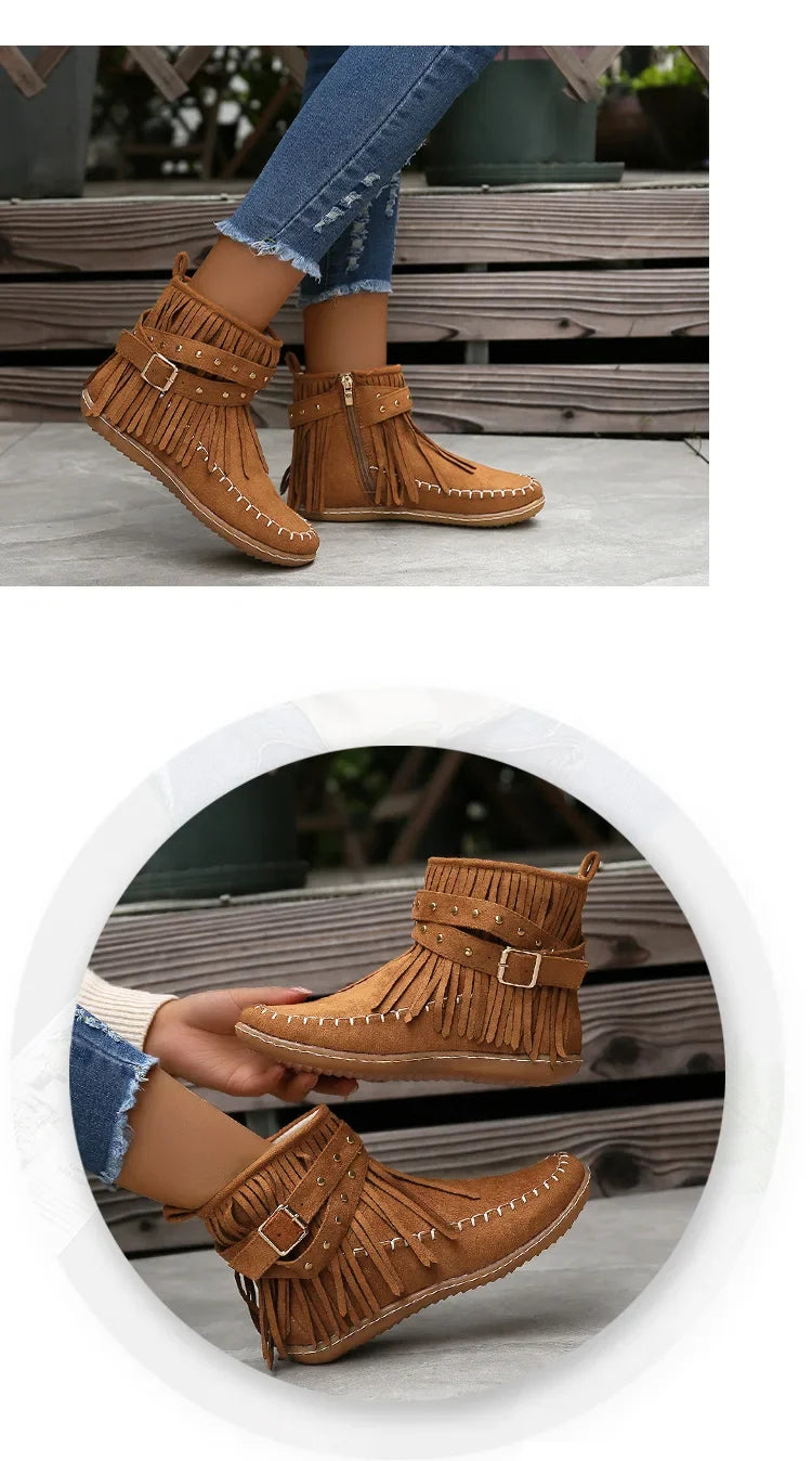 Vintage Women Boots Suede Ankle Boots Fringe Women Shoes Winter Boots Women Side Zipper Casual Shoes Ladies Snow Boot