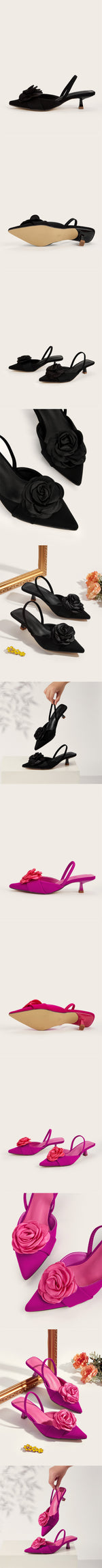 2026 Big Size 43 Summer Women's Pointy Toe Kitten Heels Slingback Satin Sandals Elegant Sandal Rose Flower Office Lady Shoes