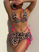 2026 Summer Leopard Print 3 Pieces Suit Swimwear Reversible Sexy Halter Lace-up Bikini Set Drawstring Skirt Cover Up Beachwear