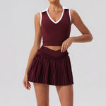 Tight Yoga Sets Women's Tracksuit Sexy Color Contrast Hollow Out Sports Bra High Waist Pleate Tennis Short Skirt Fitness Suits