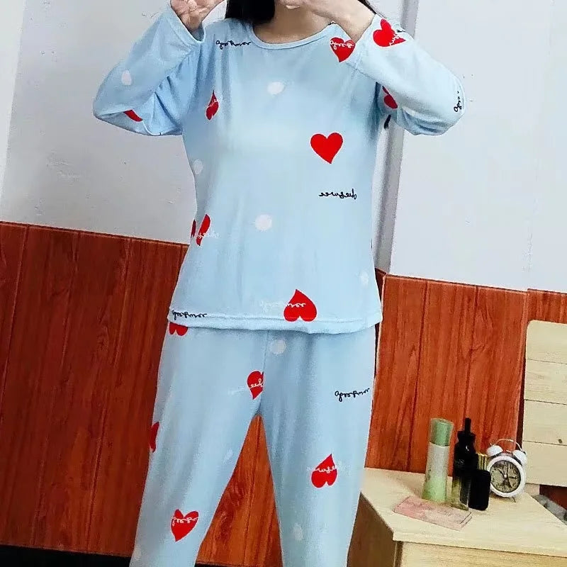 Women Pajamas Plus Size Long Sleeve Student Loungewear Spring Fashion Breathable Print Pullover Top Trouser Set Can Be Worn Outs