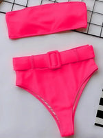 Neon Green Bandeau Swimsuit High Waist Bikini 2025 Women Swimwear Female Two pieces Bikini set Buckle Waistband bathing suit