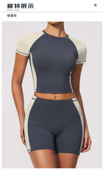 Summer New Yoga Sets Women Breathable Contrasting Color Short Sleeve Slim Sports T Shirts Training Running Shorts Fitness Suit