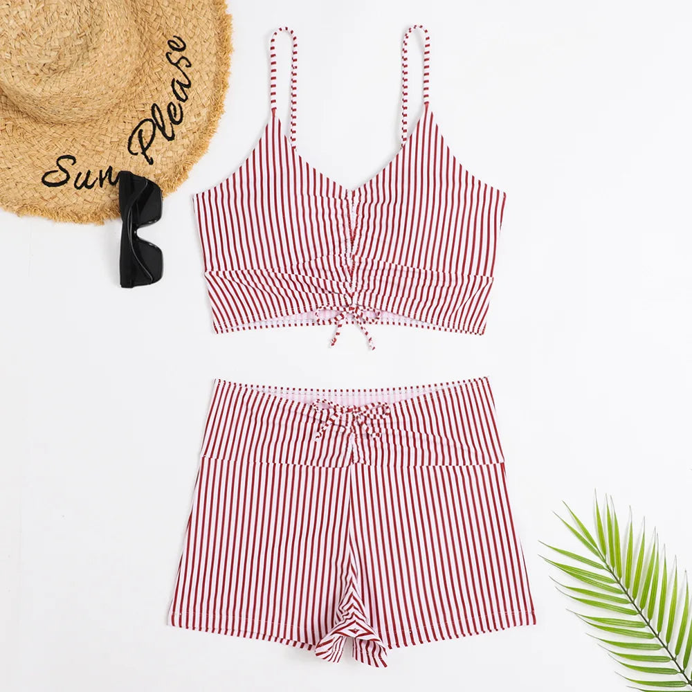 High Waist Bikini Swimsuit Women 2024 Floral Print Swim Suits Drawstring Front Shorts Boxers Swimwear Trunks Pool Bathing Suit