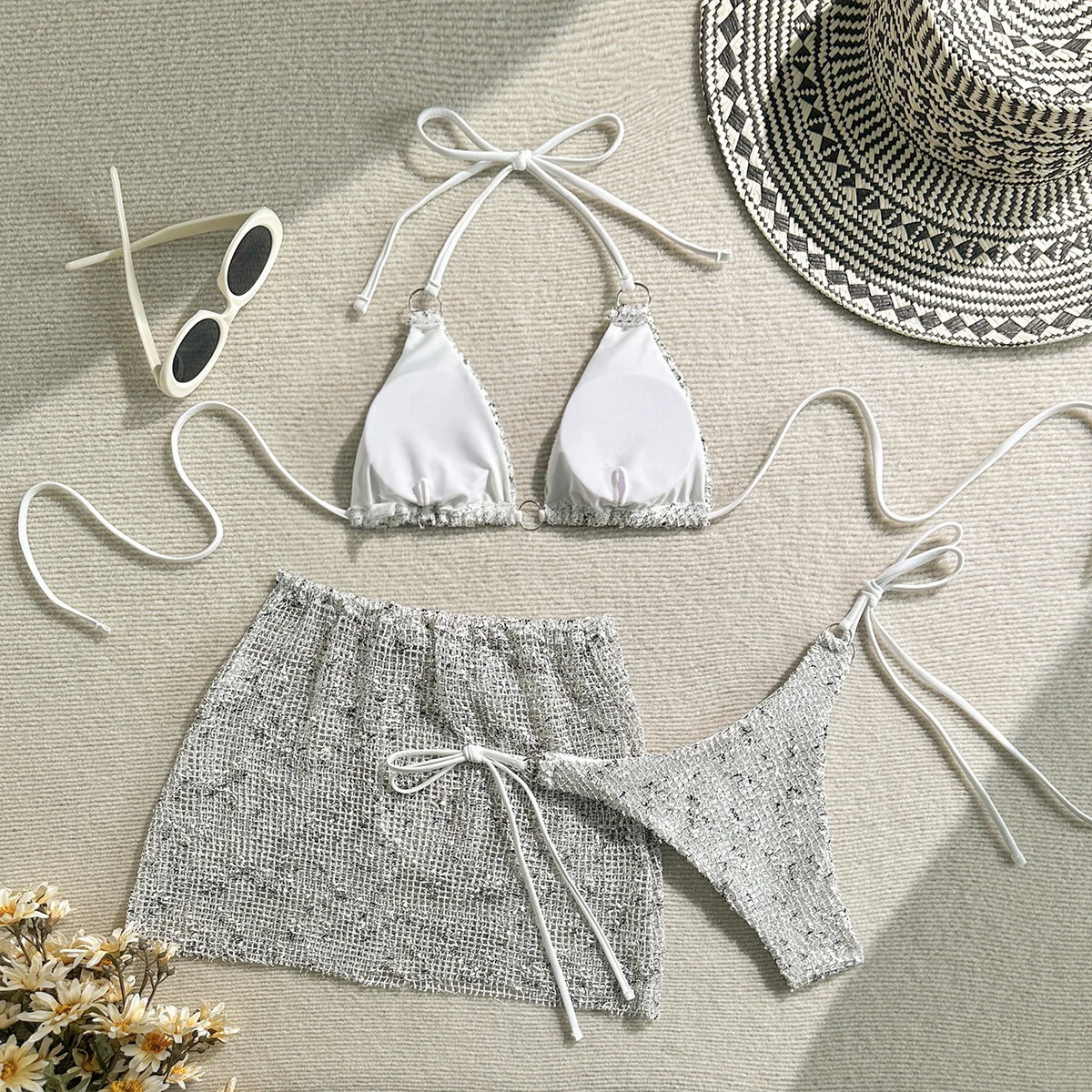 With Mesh Sarong Skirt Halter Bikini Women Swimwear Female Swimsuit Three-pieces Bikini Set Fishnet Bathing Suit Swim Beachwear