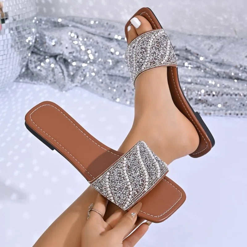 Summer New Square Head Comfortable Casual Slippers Fashionable Lightweight Temperament Rhinestones Outside Slippers