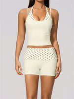 Quick Drying Polka Dot Patchwork Yoga Sets Women Hanging Neck Slim Shockproof Sports Tank Top Gym High Waist Shorts Fitnss Suit