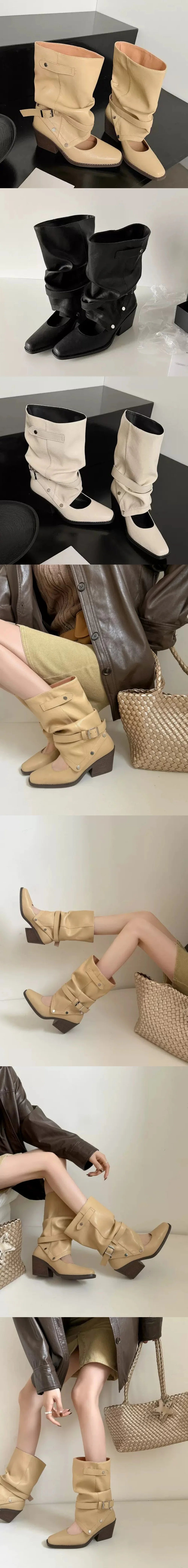Vintage Y2k Slouchy Knee High Western Boots Women Chunky Block Heel Summer Cowboy Knee High Boots Motorcycle Boots Shoes