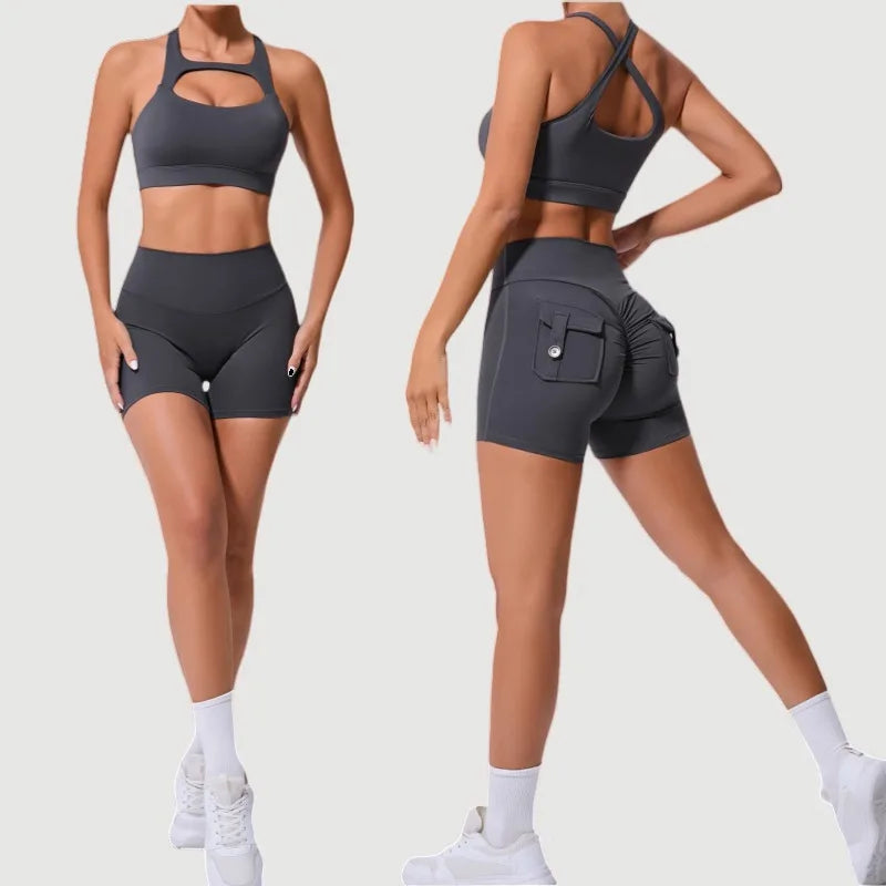 Seamless Yoga Sets Sports Fitness Peach Hip-lifting Pocket Shorts Cross Beauty Back Vest Suits Workout Gym Shorts Sets for Women