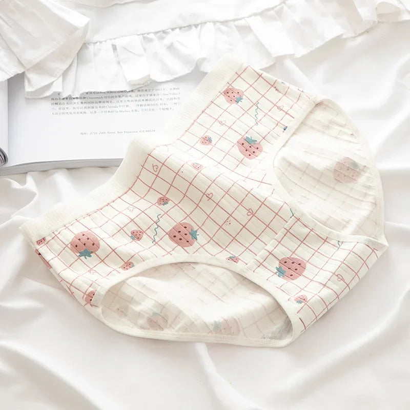 1 Pack Cute Bear & Strawberry Print Cotton Mid-Rise Panties Women's Comfort Underwear M-XL Grid & Striped Print Lingerie