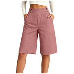 Women's High Waist Cotton Linen Bermuda Shorts Double Breasted Wide Leg Casual Shorts With Pockets Loose Fit Office Summer Short