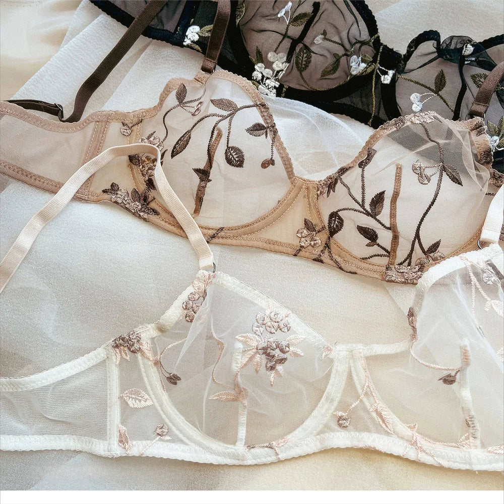 Women Mesh Underwear Set Sexy Lace Leaf Embroidery Bra Set French Ultra Thin Breathable Bralette Vintage Bras and T-back Sets