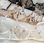 Women Mesh Underwear Set Sexy Lace Leaf Embroidery Bra Set French Ultra Thin Breathable Bralette Vintage Bras and T-back Sets