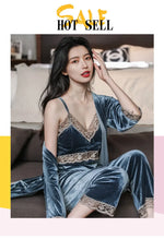 Women's Autumn Winter Golden Velvet Pajamas Set - Sexy Lace Suspender 3-Piece Loungewear with Breast Pads