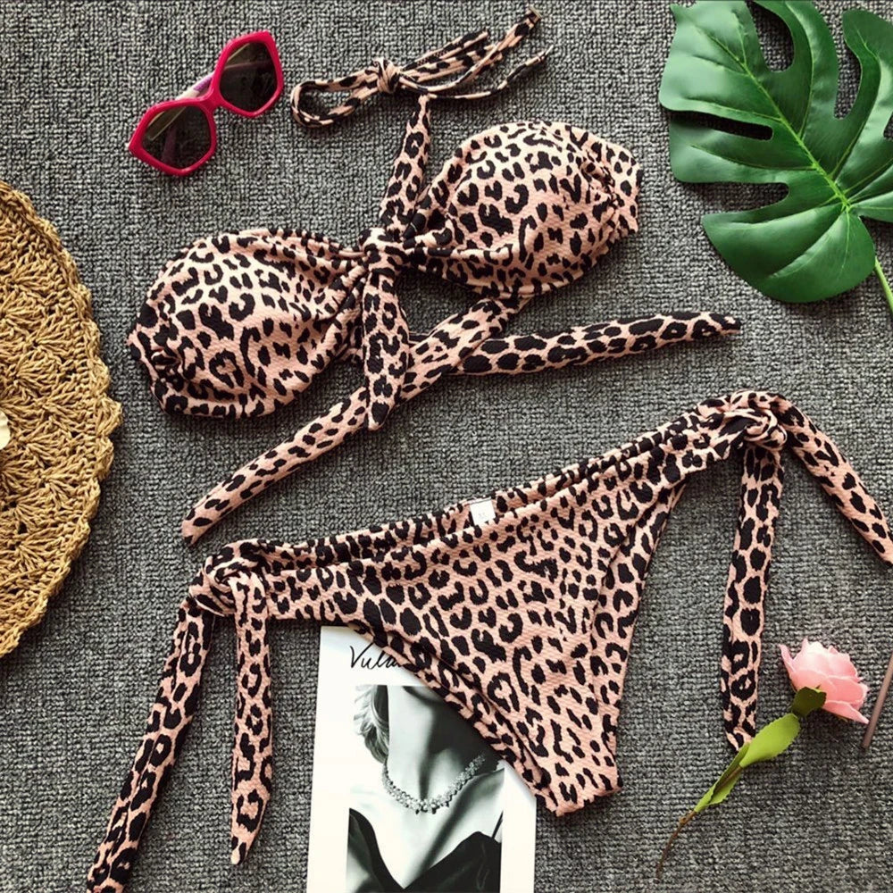 Ribbed Knotted Polka Dot Bikini 2025 Women Strapless Bandeau Swimsuit Female Swimwear Two Pieces Bikini Set Bathing Suit Swim