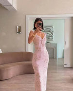 Sexy Elegant Flower Print Slim Long Dresses Women V-neck Low Cut Leace-up Backless Package Hip Bodycon Sleeveless Dress Female