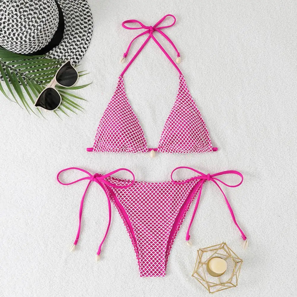 2Pcs/Set Women Bikini Set Chest Pad Push Up Halter Neck Bra Adjustable Side Straps Swimming Briefs Set Lady Mesh Summer Swimwear
