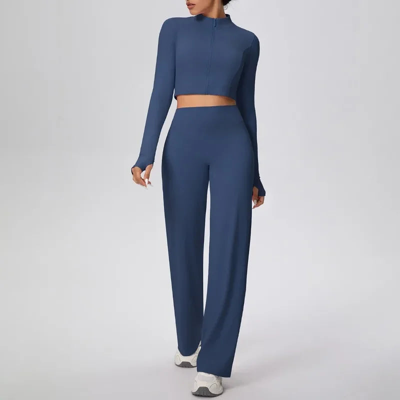 2 Pcs Women's Seamless Yoga Set Long-sleeved Wide-leg Pants Tracksuit Fitness Sports Set High-waisted Hip-lifting Slim-fit Suit