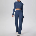 2 Pcs Women's Seamless Yoga Set Long-sleeved Wide-leg Pants Tracksuit Fitness Sports Set High-waisted Hip-lifting Slim-fit Suit