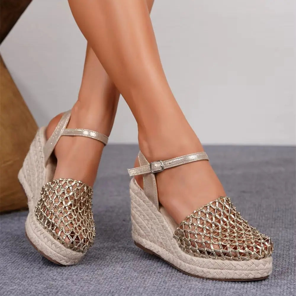 Big Size 43 Mesh Hollow Closed Toe Espadrille Wedge Sandals Women Adjustable Ankle Strap High Heel Summer Boho Beach Shoes