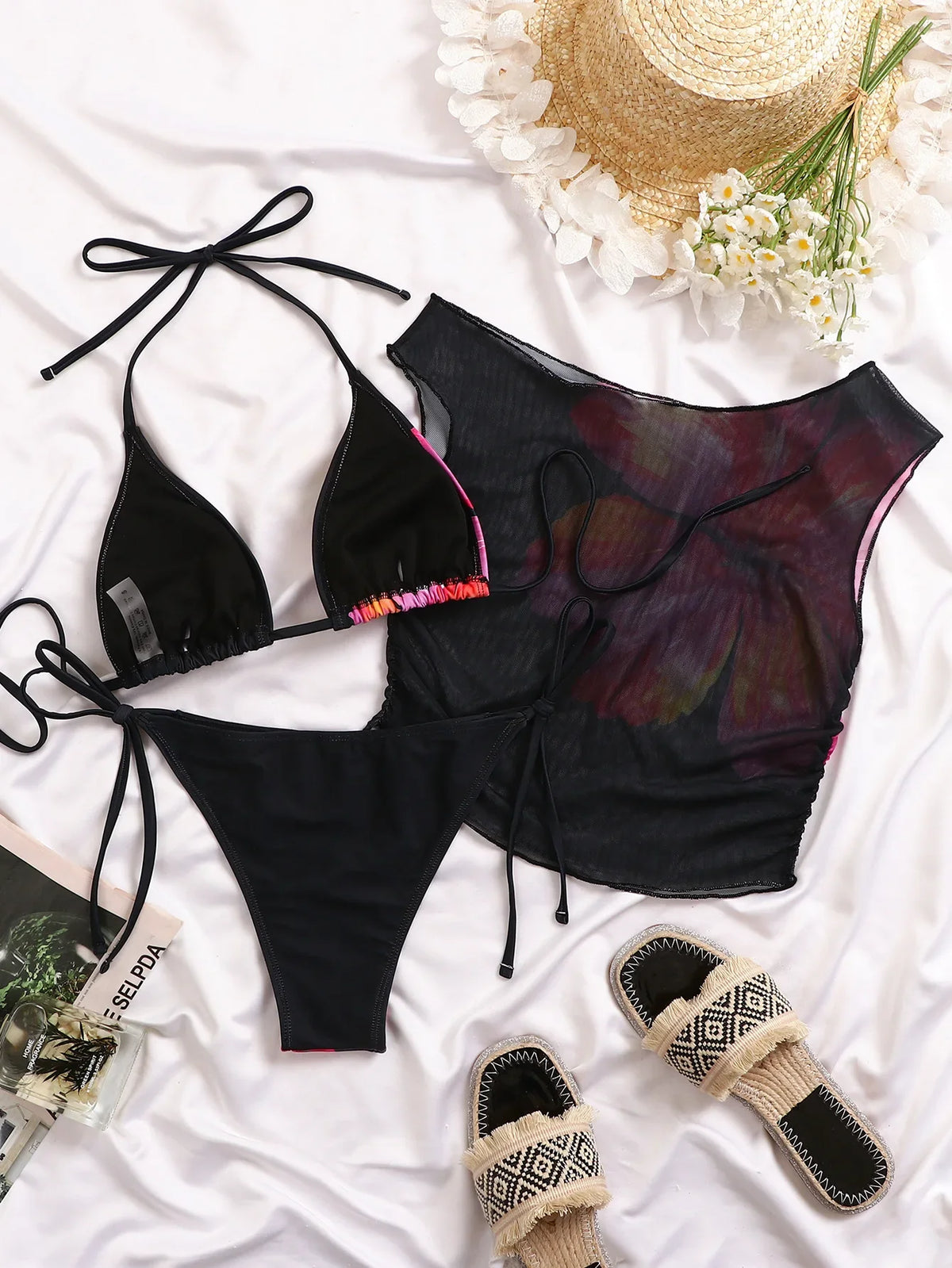 Vintage Black Floral Print Bikini Set 2026 Women Short Sleeve Cover Up 3 Piece Swimsuit Holiday Bathing Suit Triangle Swimwear