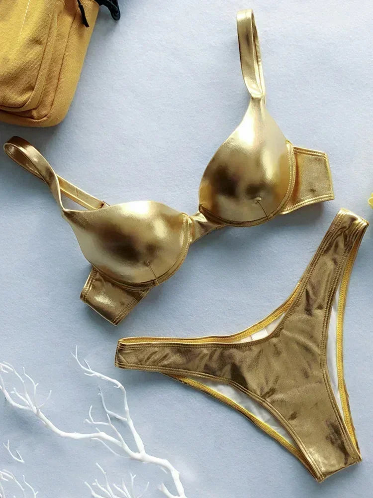 Shiny PU Faux Leather Bikini Women Swimsuit Female Swimwear Two-pieces Bikini Set Underwired Bra Cup Bikinis Bathing Suit Swim
