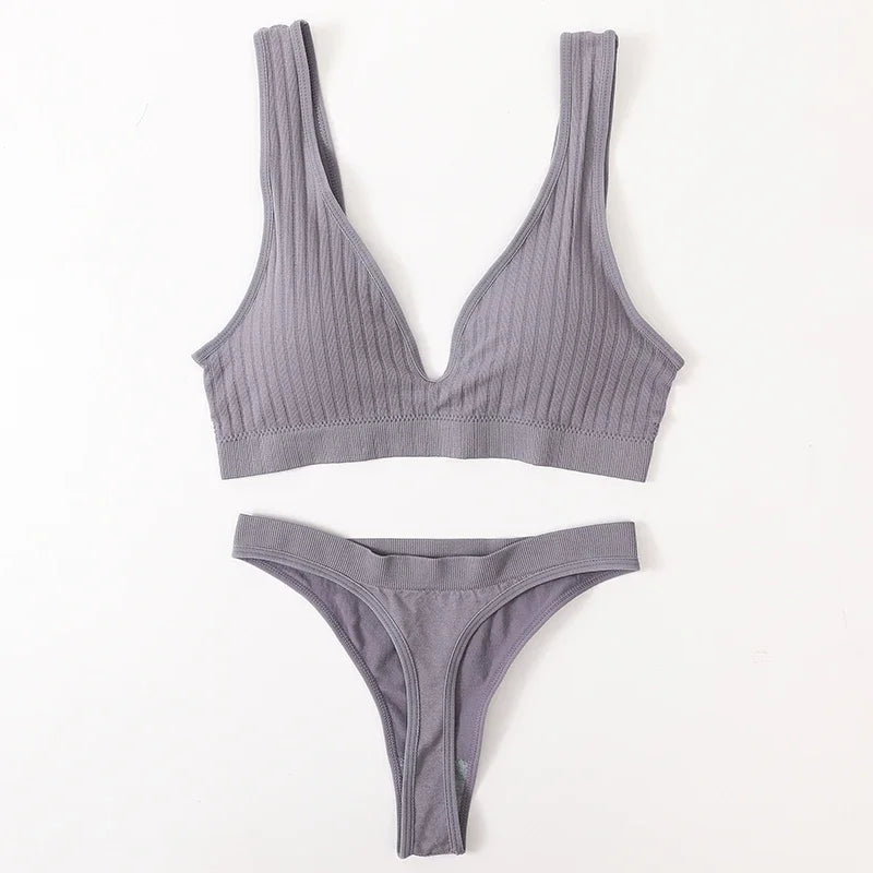 Women Seamless Bra And Panties Set Push Up Bras High Leg Cut Thongs Sport Wireless Brassiere Sexy Lingerie Ribbed Underwear