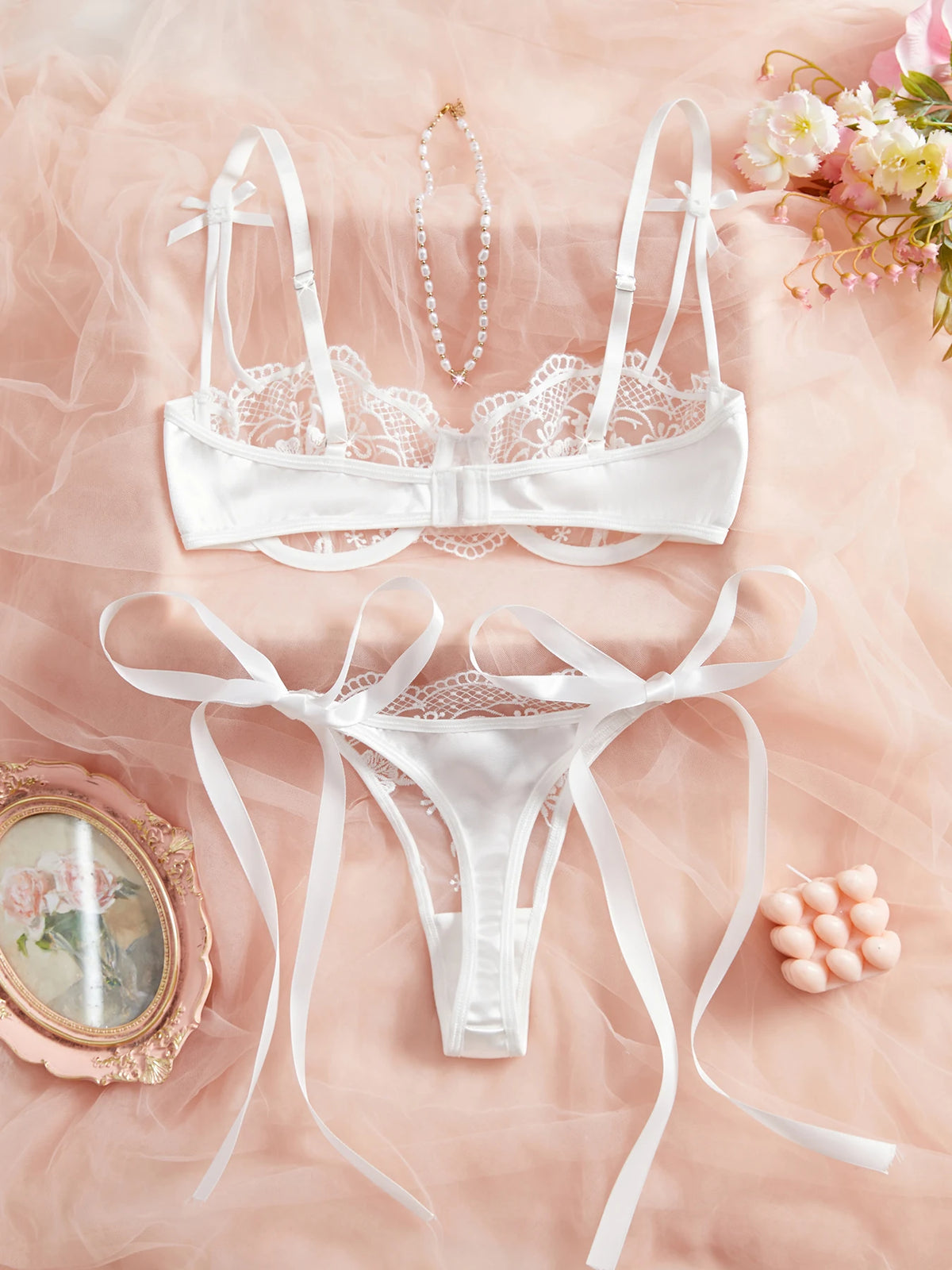 Lady Floral Embroidery Lingerie Set Women Sheer Bra and Brief Underwear Set Satin Sexy Intimates Underwear